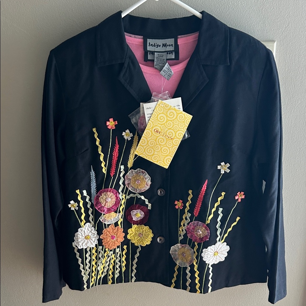 Indigo Moon Embellished Black Floral Appliqué Blazer in Black with Matching Tee